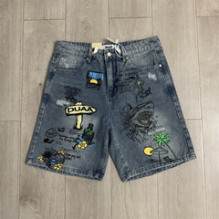 Duaa Vintage Graffiti Print Distressed Denim Jort Shorts