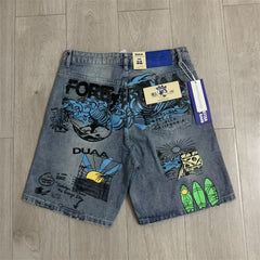 Duaa Vintage Graffiti Print Distressed Denim Jort Shorts