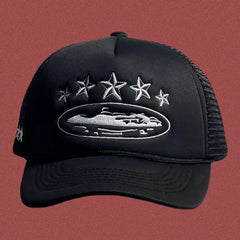 Vintage Black Trucker Hat with Silver Stars and Cruise Ship Graphic