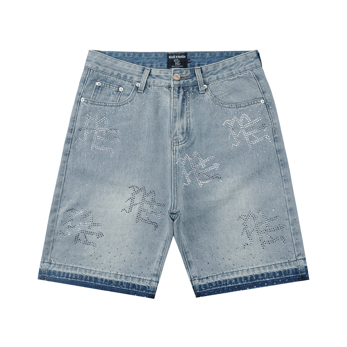 MIXED EMOTION RHINESTONE GRAFFITI DENIM JORTS LIGHT WASH