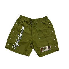 Triple Sevens Olive Green Snap‑Side Graphic Street Shorts