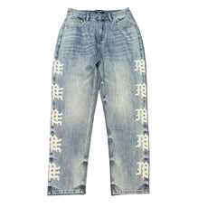 MIXED EMOTION SIDE GOTHIC WHITE EMBROIDERED LIGHT WASH DENIM PANTS