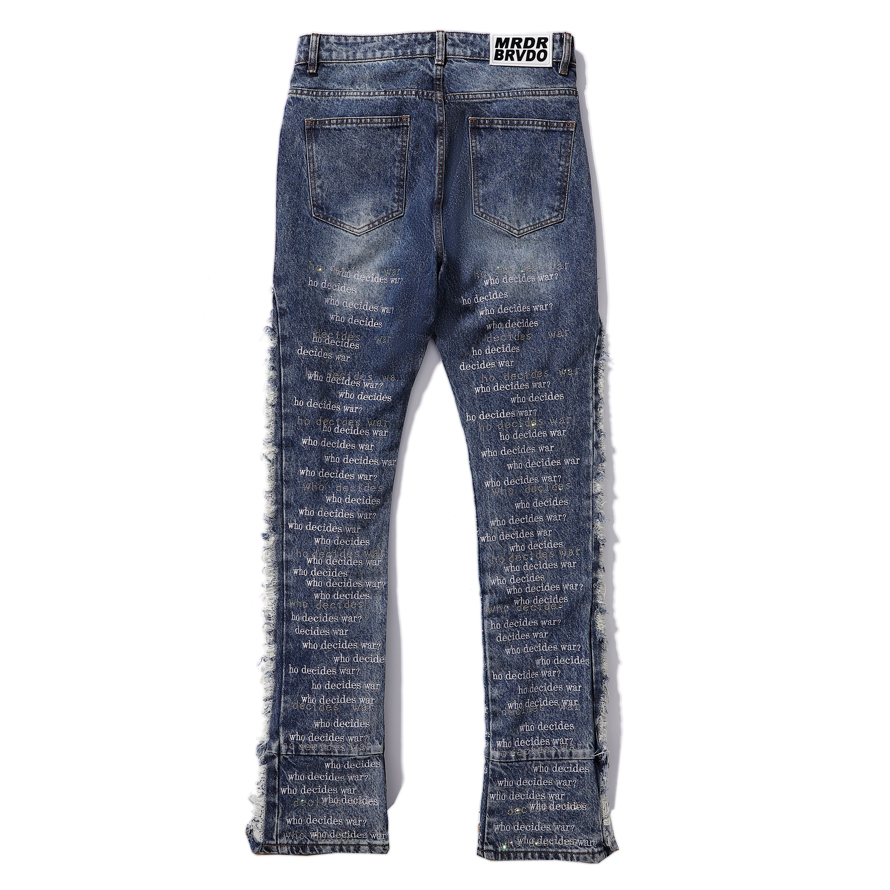 Who Decides War Distressed Text Print Blue Stacked Flare Jeans