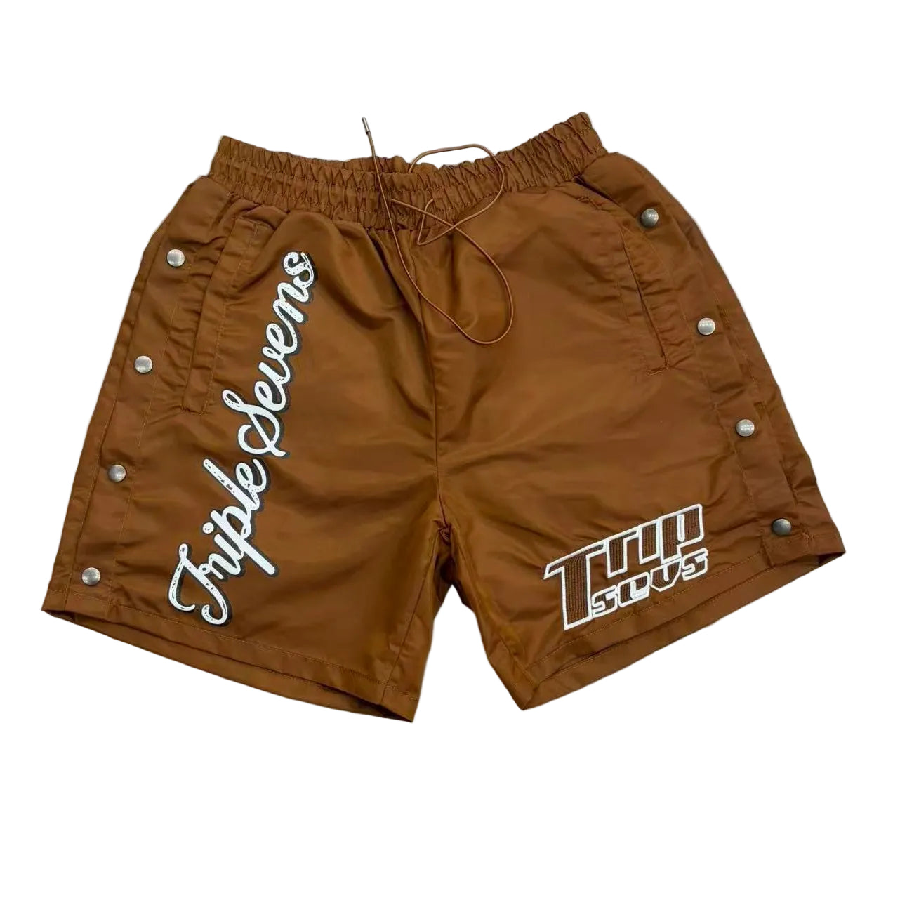 Triple Sevens Brown Snap‑Side Graphic Street Shorts