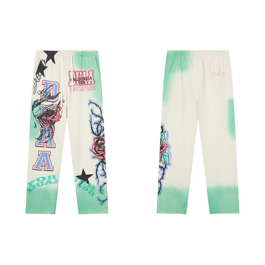 DUAA Green Tie‑Dye Rose Tattoo Graphic Straight Leg Sweat Pants