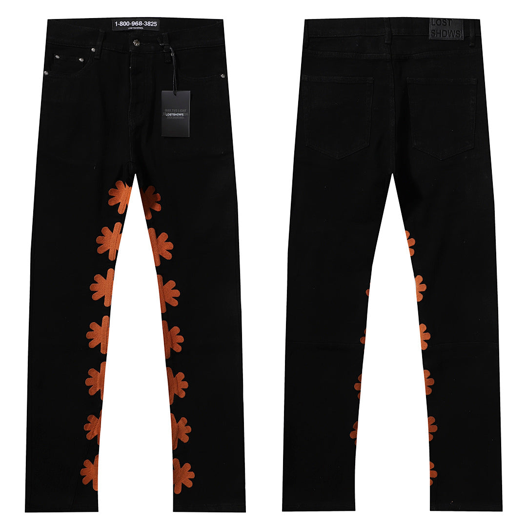 LOST SHDWS BLACK DENIM BROWN FLORAL APPLIQUE STACKED FLARE JEANS