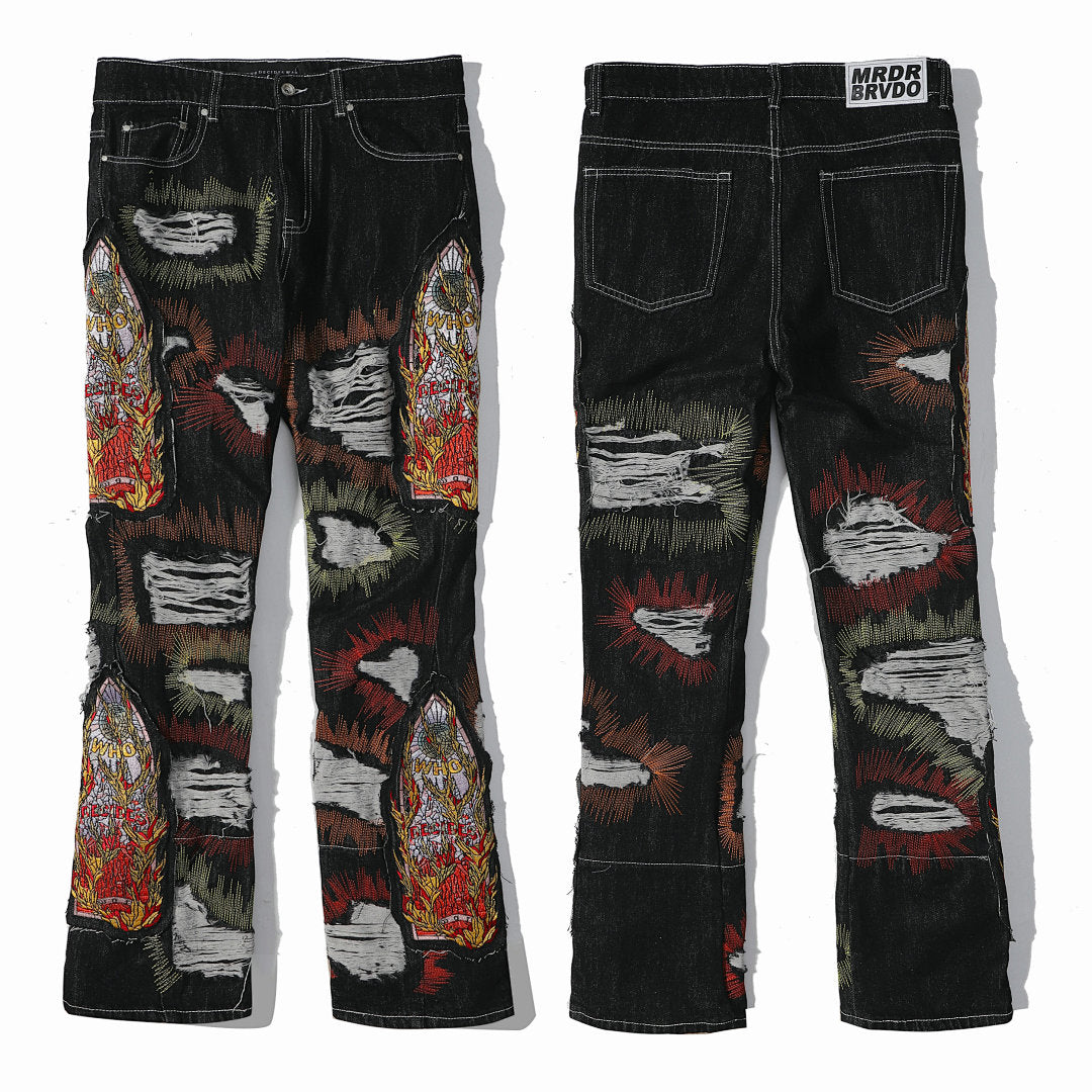Who Decides War Black Destroyed Cathedral Embroidered Stacked Flare Jeans