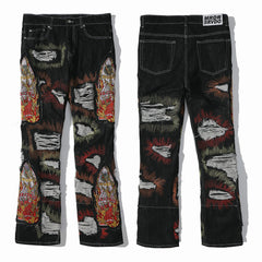 Who Decides War Black Destroyed Cathedral Embroidered Stacked Flare Jeans