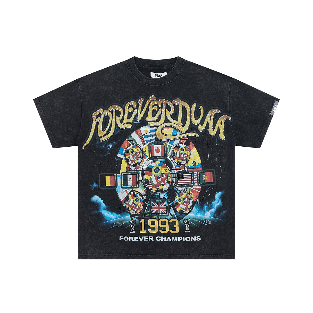 DUAA Washed Black 1993 Forever Champions World Flag Oversized T‑Shirt