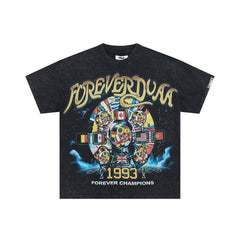 DUAA Washed Black 1993 Forever Champions World Flag Oversized T‑Shirt