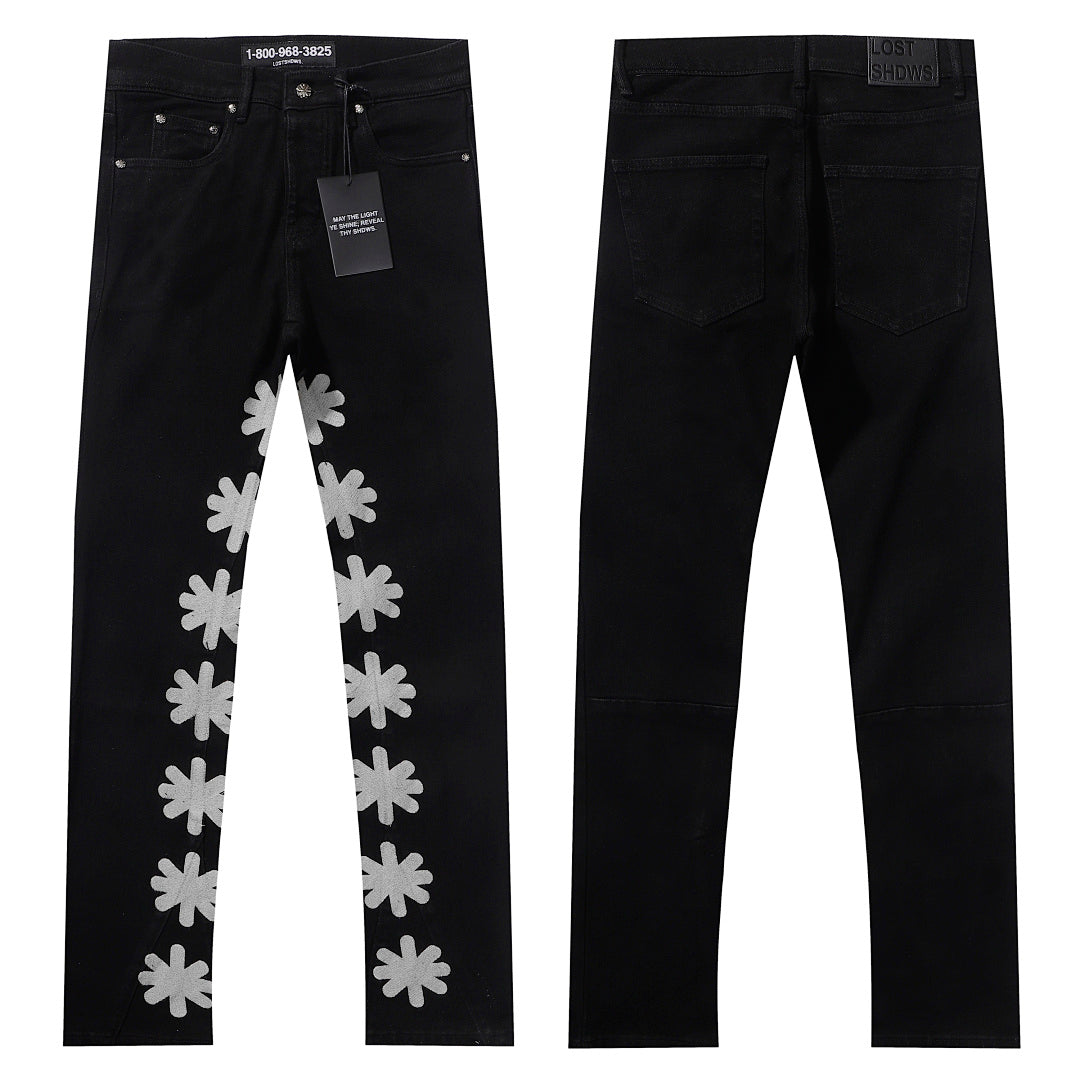 LOST SHDWS BLACK DENIM SILVER FLORAL APPLIQUE STACKED FLARE JEANS