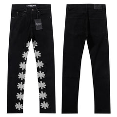 LOST SHDWS BLACK DENIM SILVER FLORAL APPLIQUE STACKED FLARE JEANS
