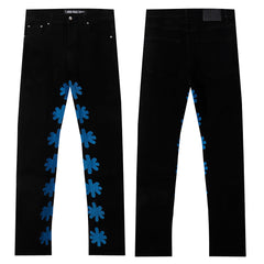 LOST SHDWS BLACK DENIM BLUE FLORAL APPLIQUE STACKED FLARE JEANS