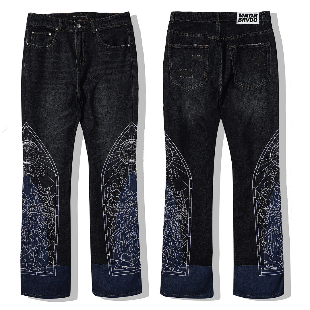 Who Decides War Cathedral Window Embroidered Black Stacked Flare Jeans