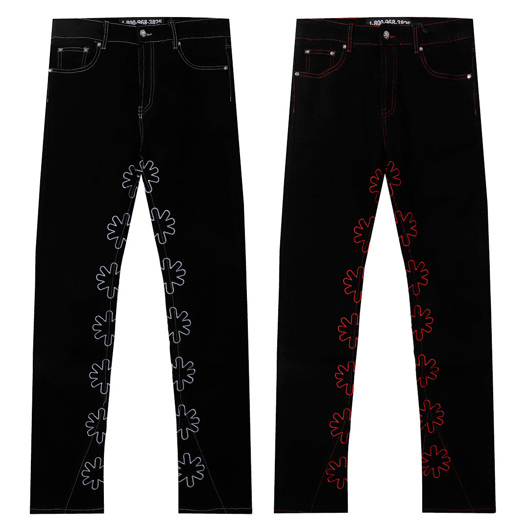 LOST SHDWS BLACK DENIM FLORAL STITCH EMBROIDERY STACKED FLARE JEANS
