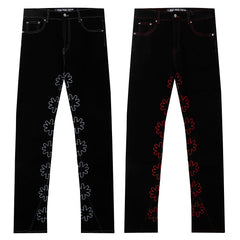LOST SHDWS BLACK DENIM FLORAL STITCH EMBROIDERY STACKED FLARE JEANS