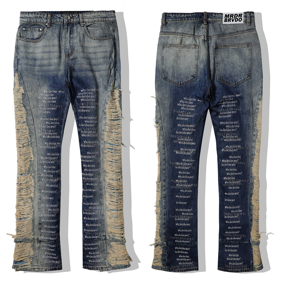 Who Decides War Shredded Side Text Print Vintage Stacked Flare Jeans