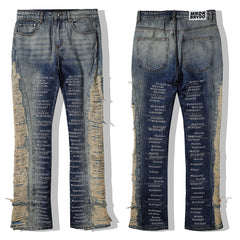 Who Decides War Shredded Side Text Print Vintage Stacked Flare Jeans