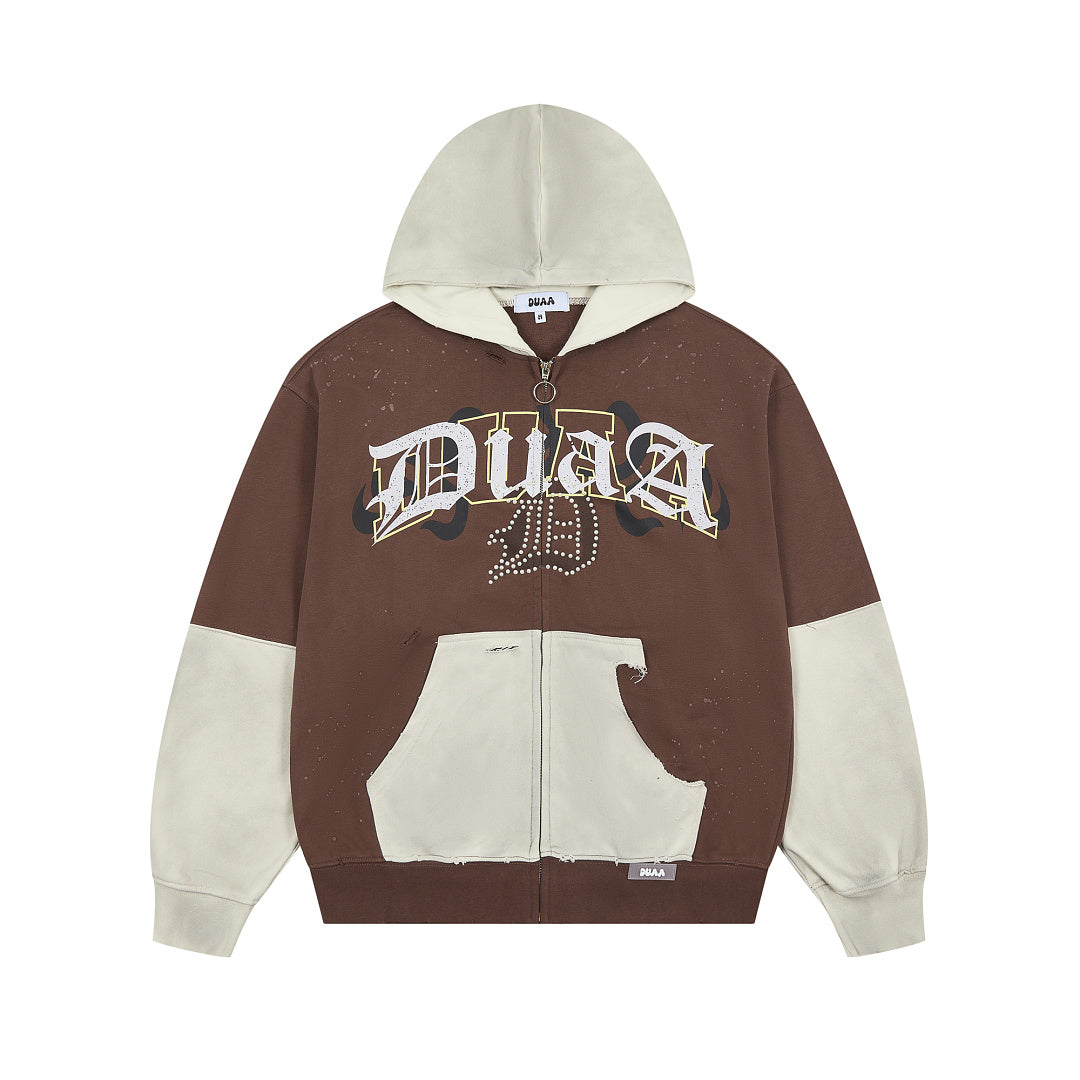 DUAA COLOR BLOCK DISTRESSED RHINESTONE FULL ZIP HOODIE