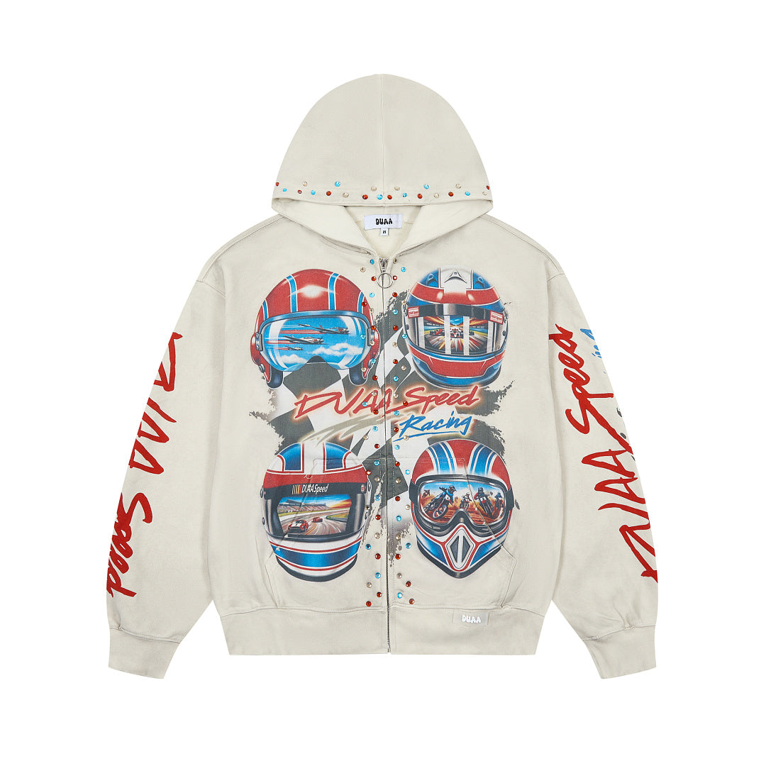 DUAA SPEED RACING HELMET RHINESTONE VINTAGE WASH FULL ZIP HOODIE