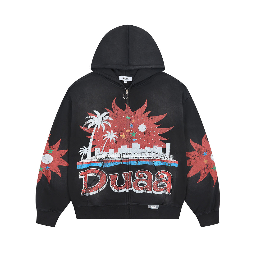 DUAA CALIFORNIA SUNSET PALM TREE VINTAGE WASH FULL ZIP HOODIE