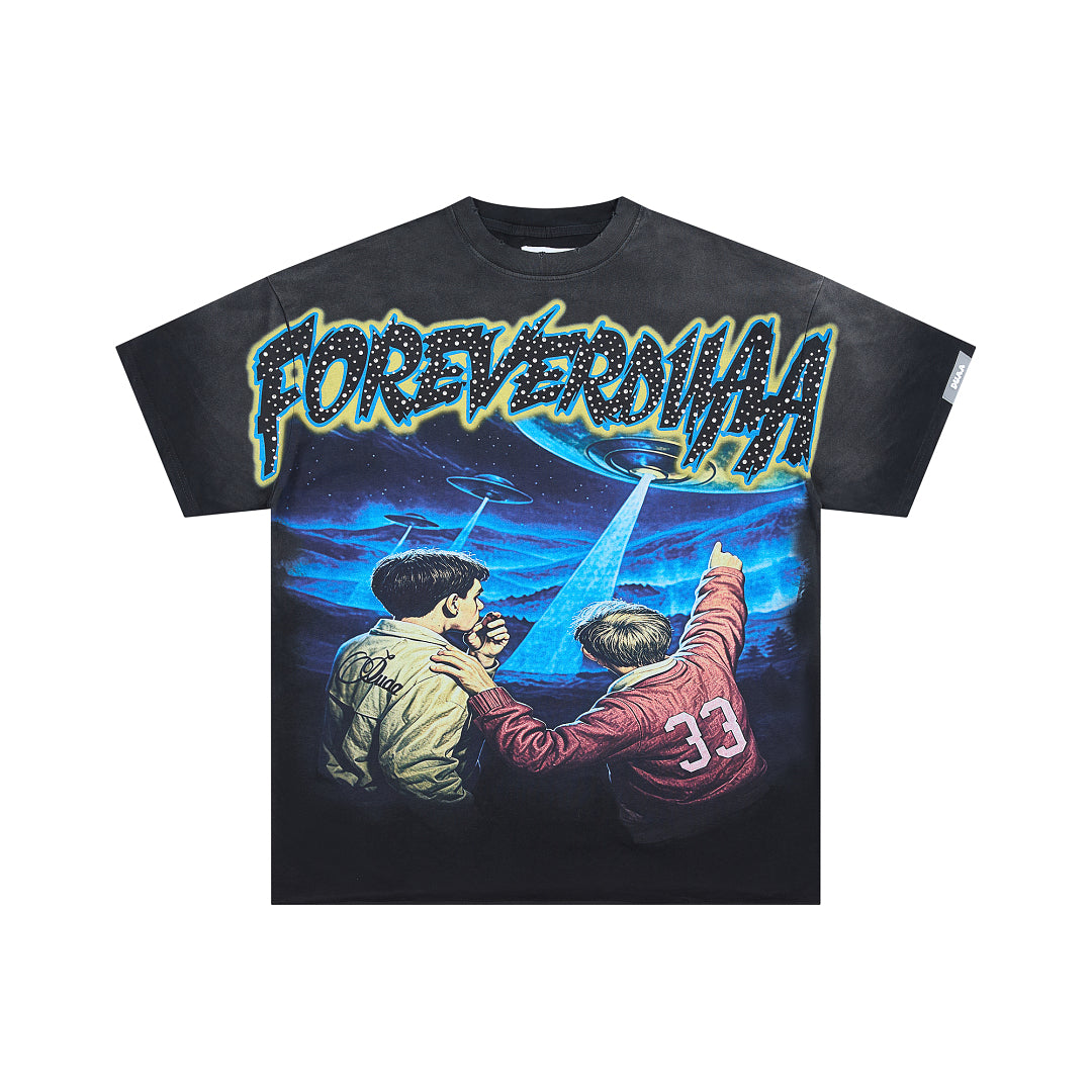 DUAA Acid Washed Black UFO Alien Forever Duaa Oversized Graphic T‑Shirt