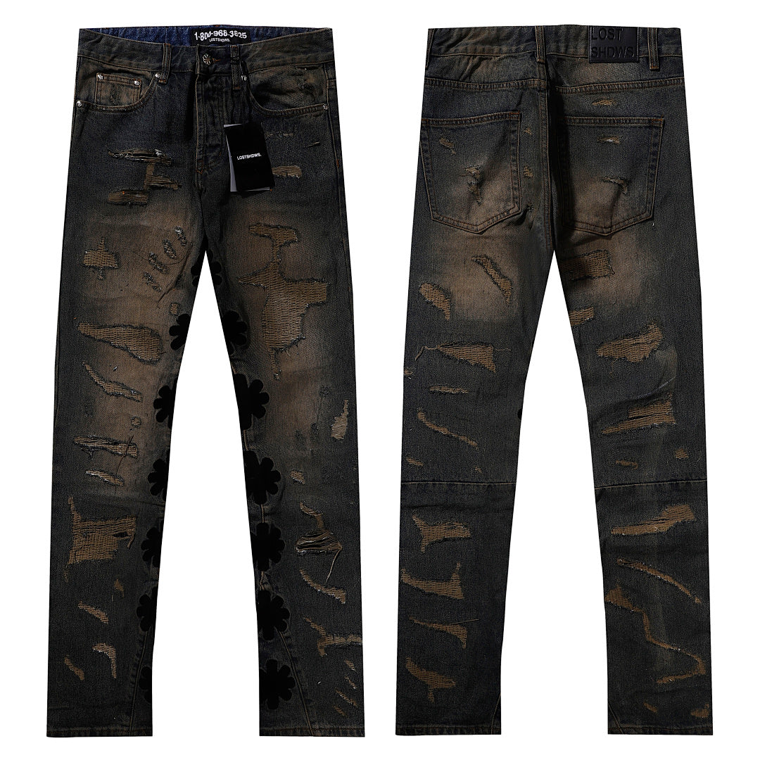 LOST SHDWS Floral Patch Destroyed Vintage Stacked Flare Jeans