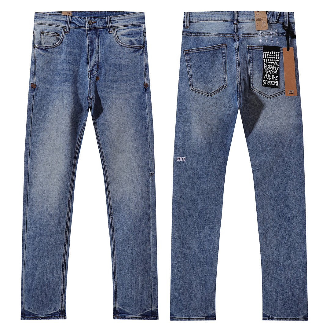 Ksubi Style Cross Embroidered Slim Fit Jeans - Vintage Washed Mid Blue Denim