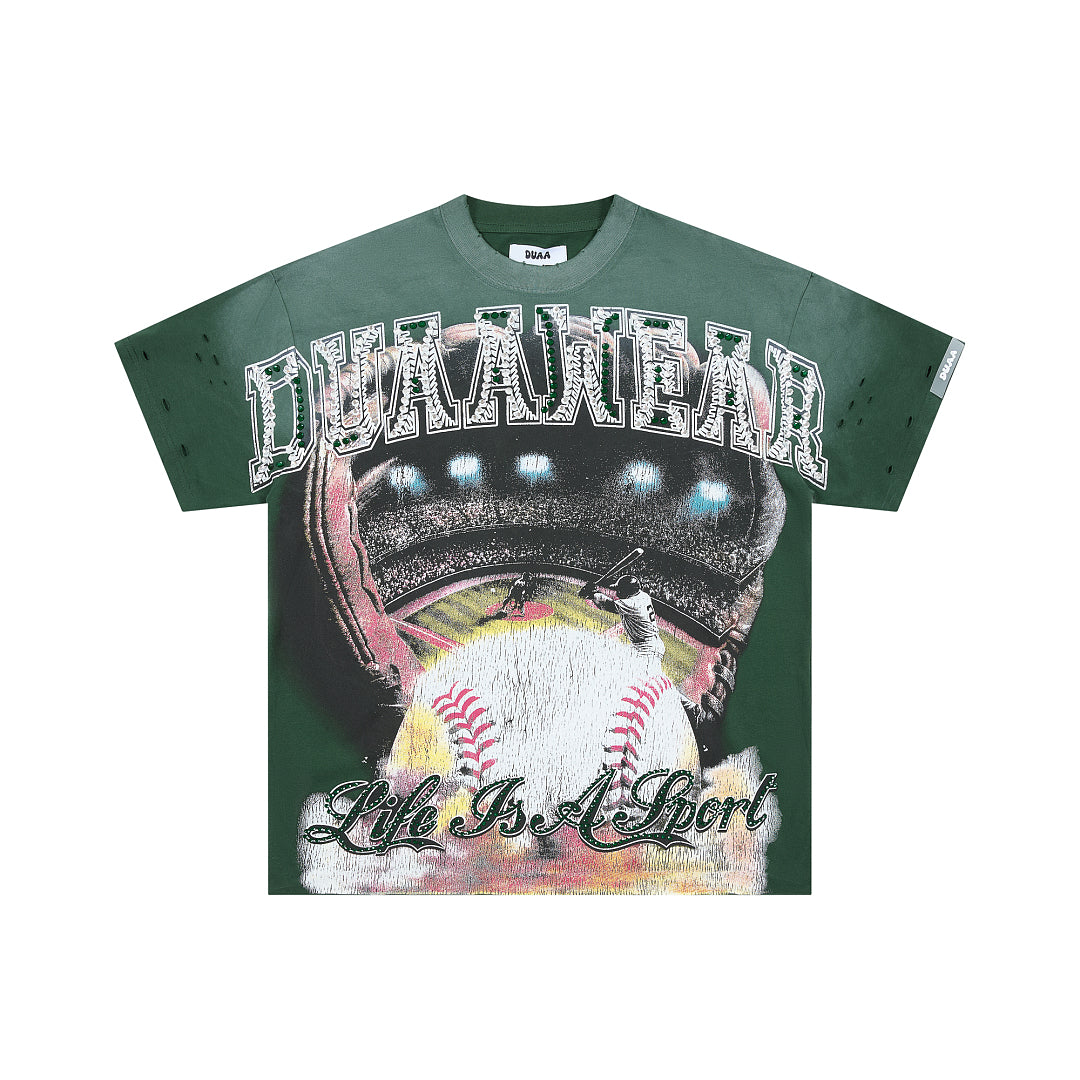 DUAA Distressed Green Baseball Stadium Oversized Graphic T‑Shirt