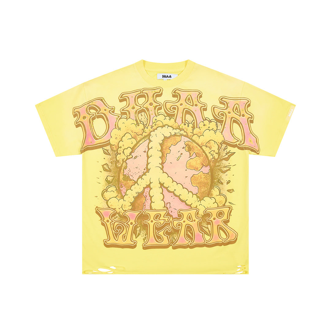 DUAA PEACE EARTH DISTRESSED YELLOW GRAPHIC T‑SHIRT