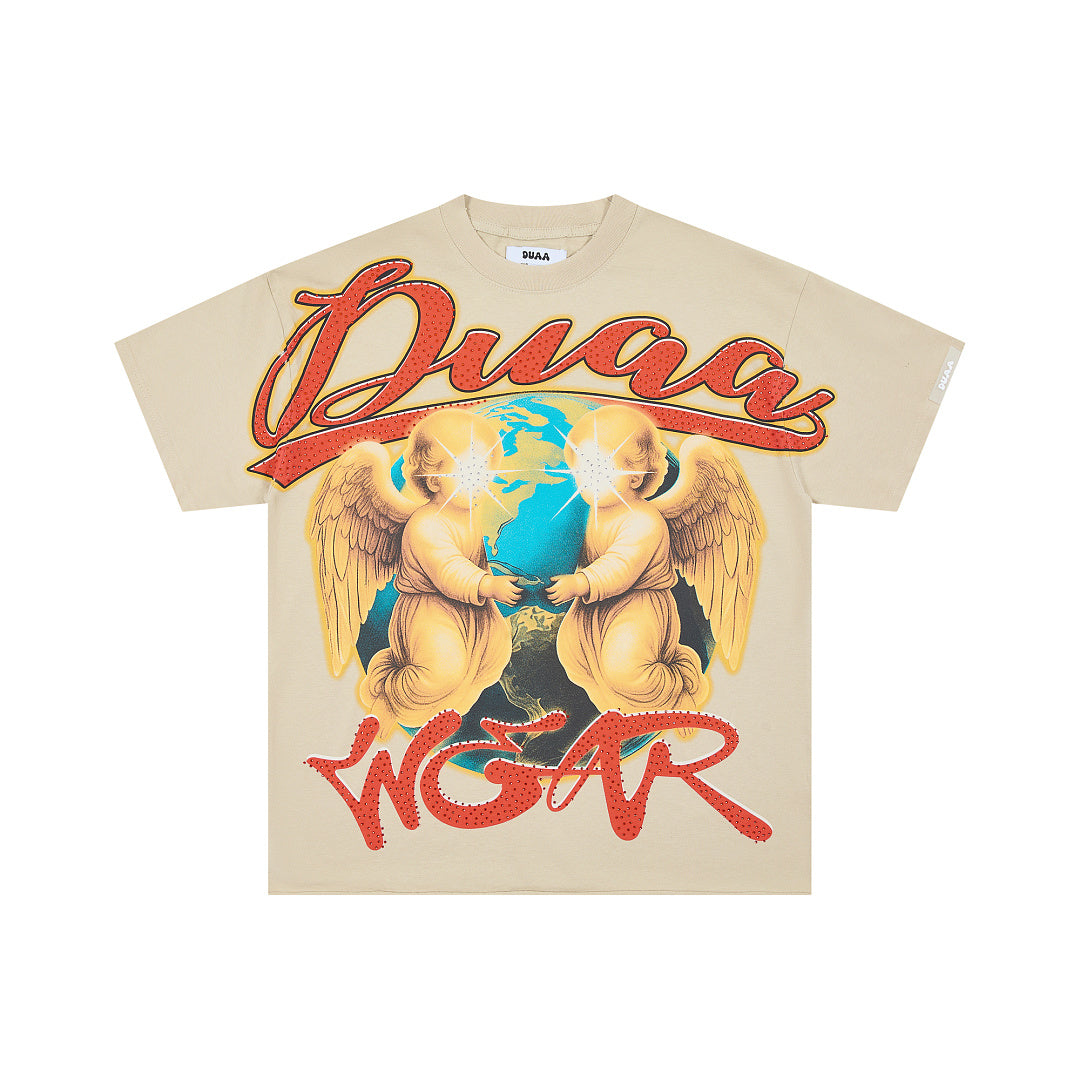 DUAA ANGEL EARTH RHINESTONE BEIGE OVERSIZED T‑SHIRT