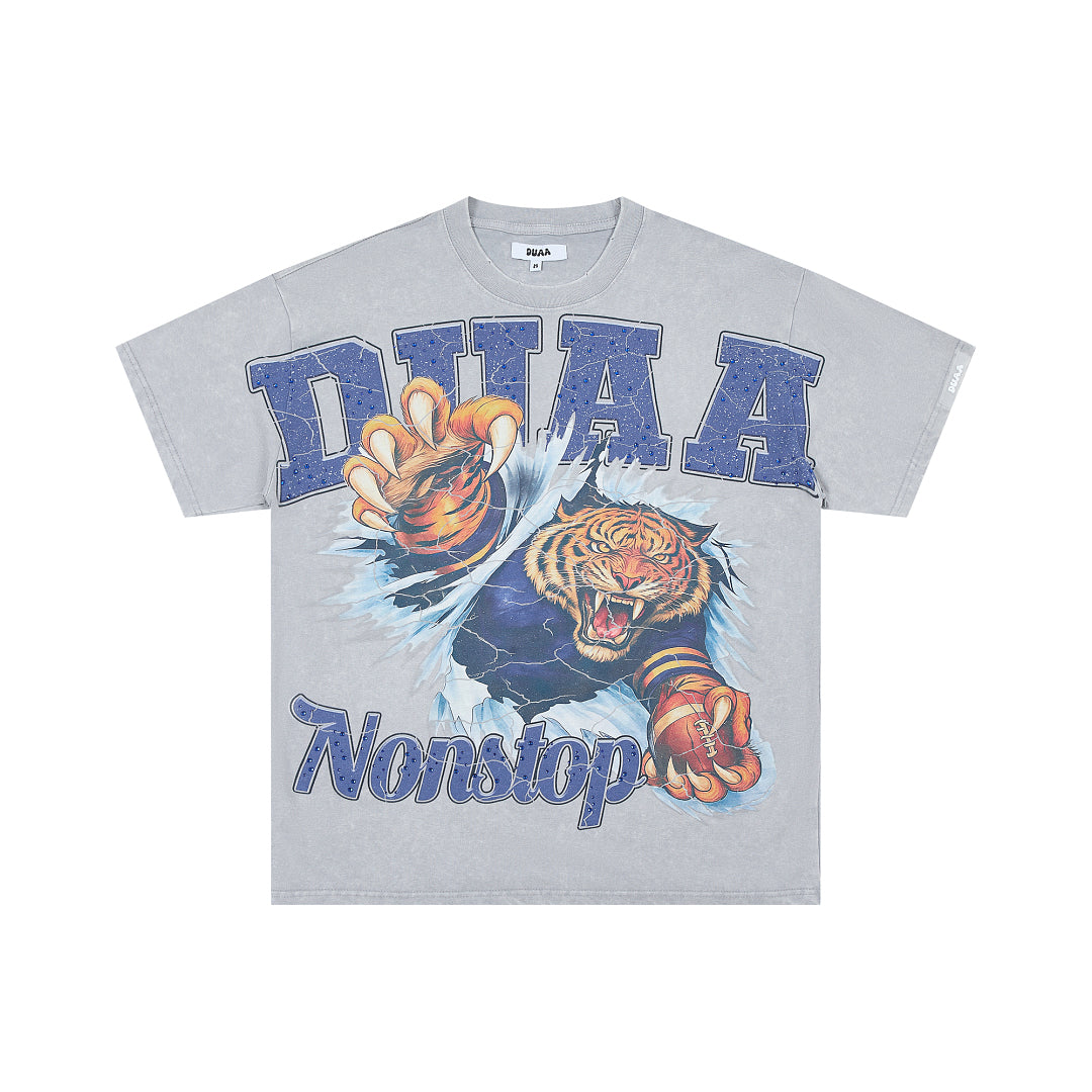 DUAA NONSTOP FOOTBALL TIGER RHINESTONE VINTAGE WASH T‑SHIRT