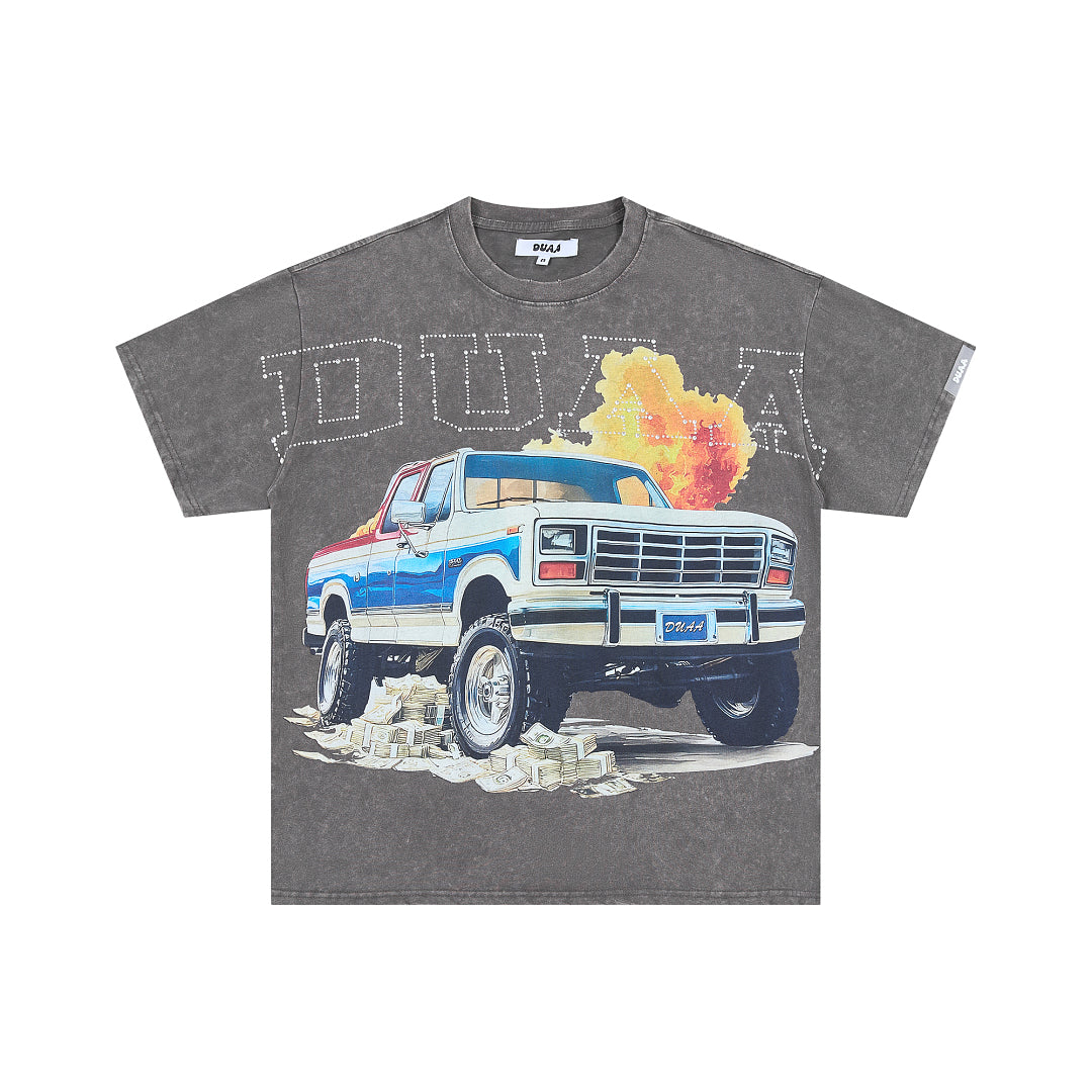 DUAA VINTAGE TRUCK MONEY RHINESTONE WASHED T‑SHIRT