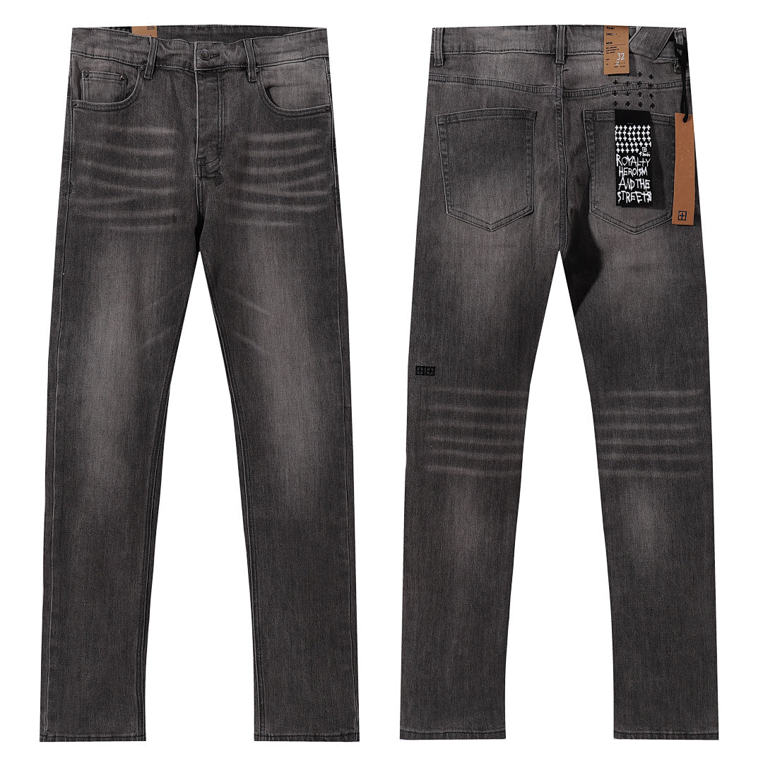 Ksubi Style Cross Embroidered Slim Fit Jeans - Vintage Washed Grey Black Denim