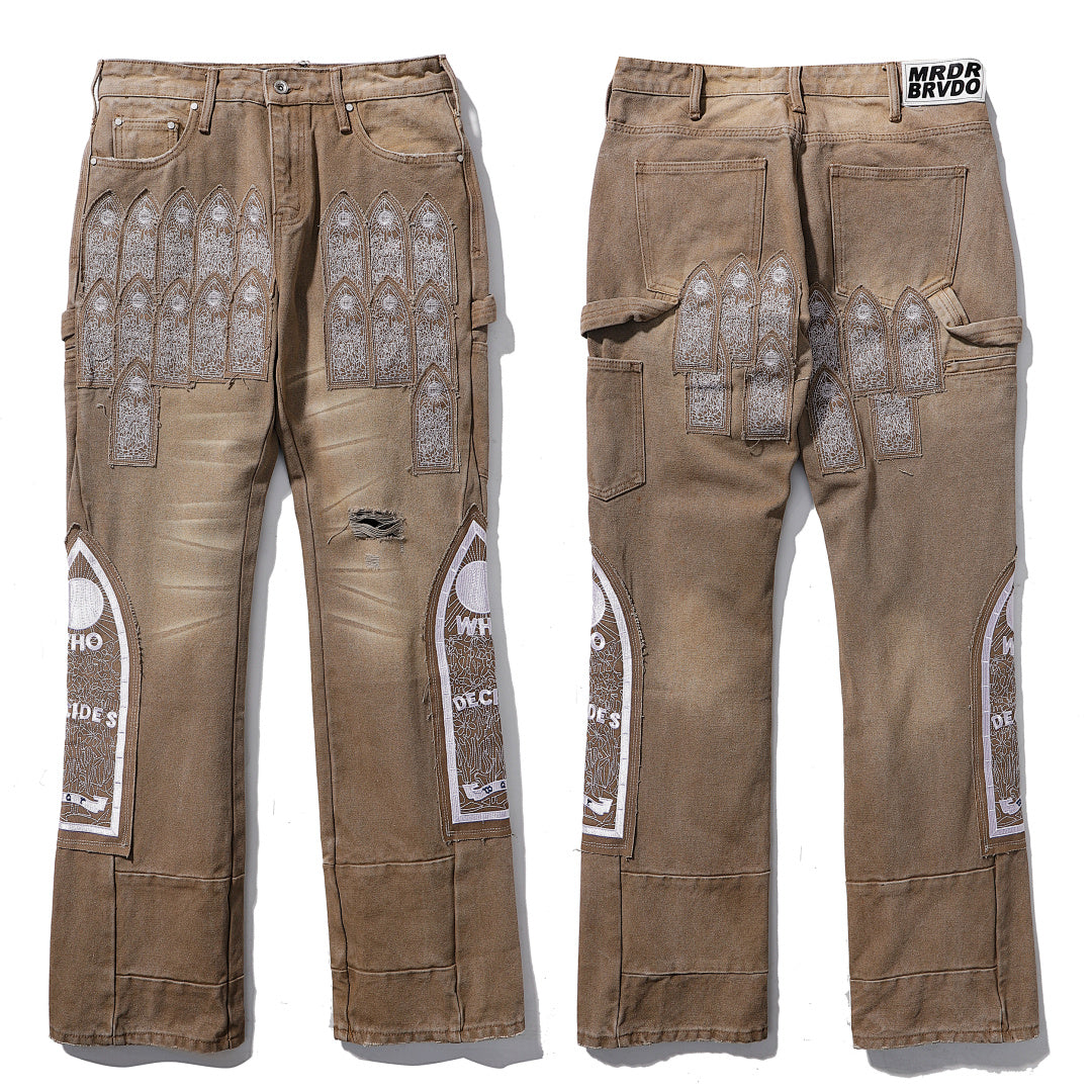 Who Decides War Khaki Cathedral Patchwork Stacked Flare Cargo Jeans