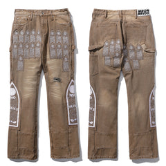 Who Decides War Khaki Cathedral Patchwork Stacked Flare Cargo Jeans