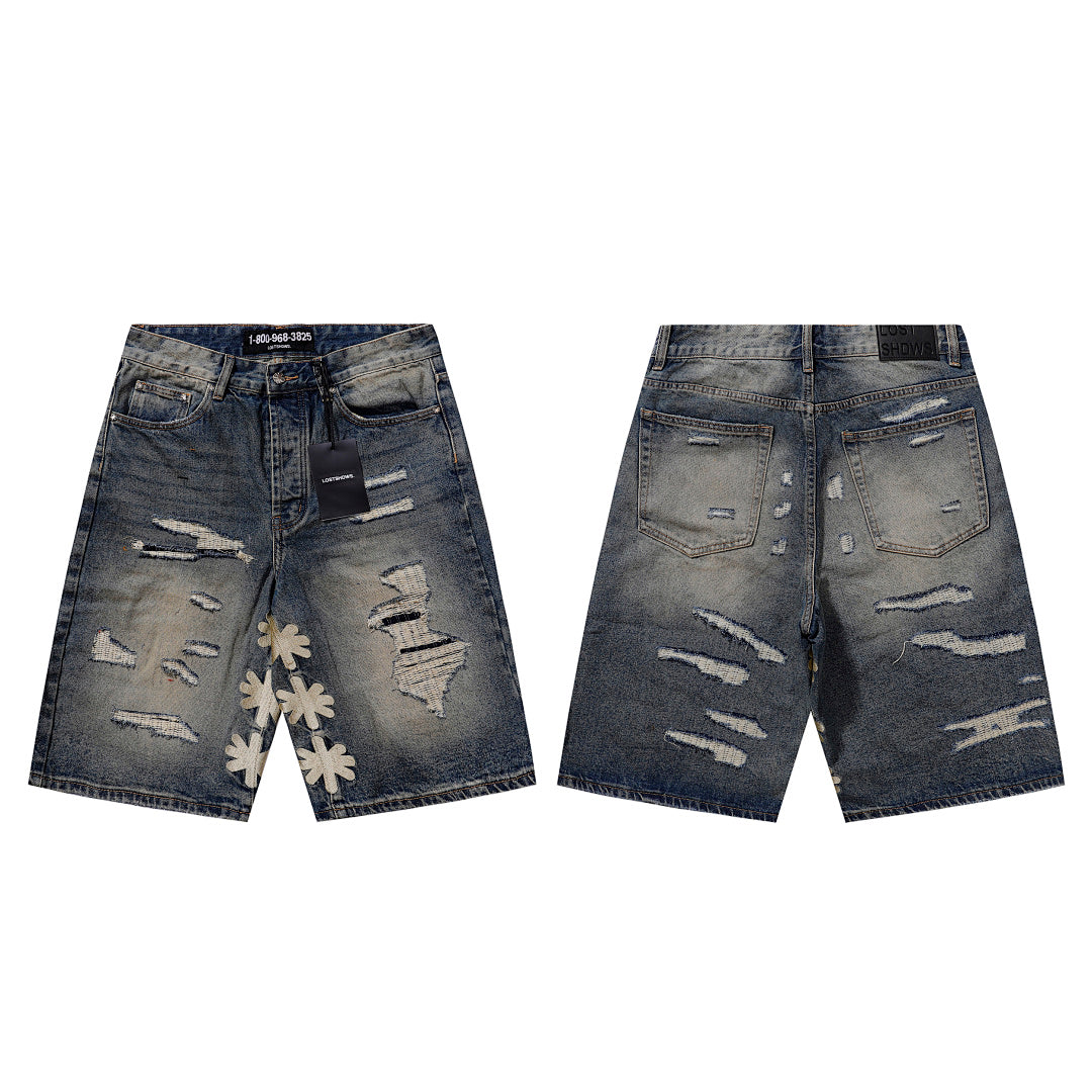 LOST SHDWS VINTAGE DISTRESSED WHITE FLORAL APPLIQUE DENIM JORTS