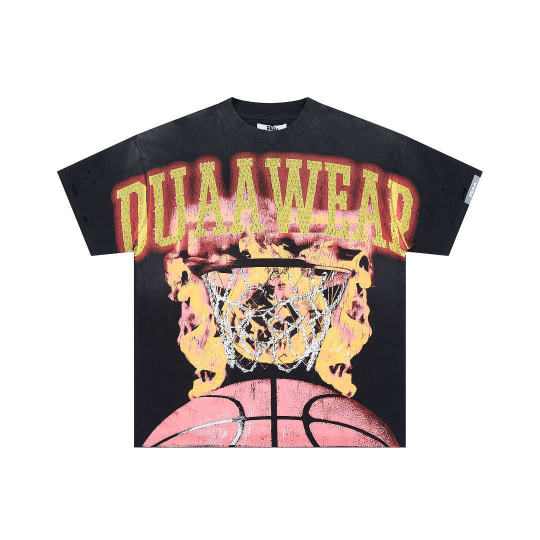 DUAA WEAR FLAMING BASKETBALL RHINESTONE DISTRESSED T‑SHIRT