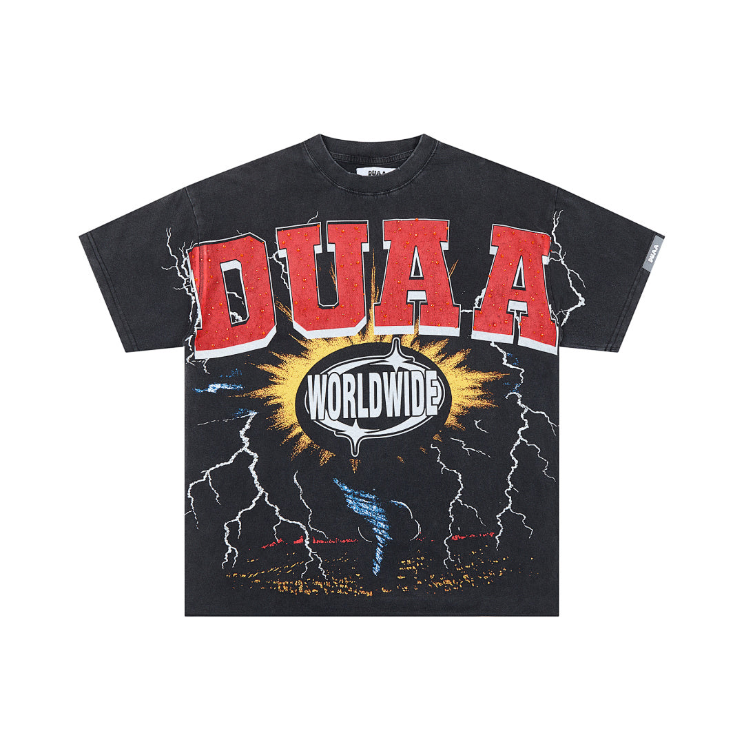 DUAA WORLDWIDE LIGHTNING RHINESTONE VINTAGE WASH T‑SHIRT