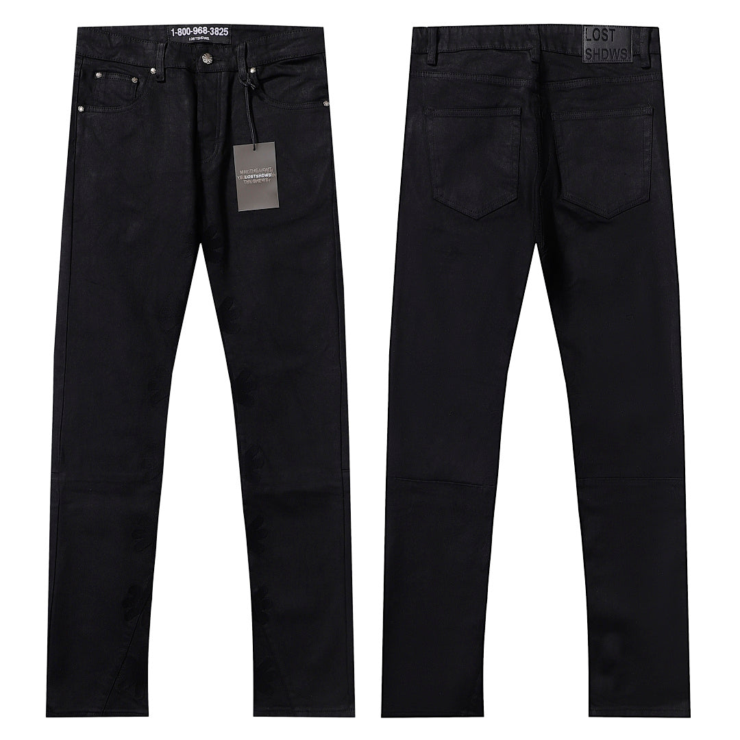LOST SHDWS Waxed Black Floral Embossed Stacked Flare Jeans