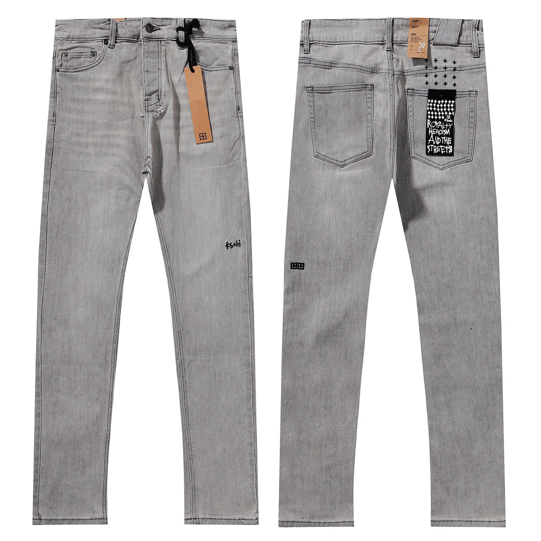 Ksubi Style Cross Embroidered Slim Fit Jeans - Light Grey Washed Denim