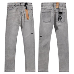 Ksubi Style Cross Embroidered Slim Fit Jeans - Light Grey Washed Denim