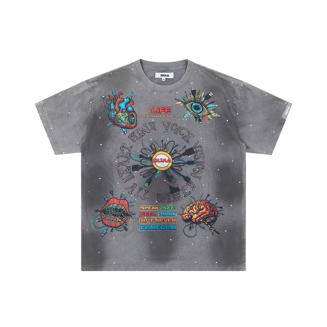 DUAA ALL WIRED ANATOMY ART RHINESTONE VINTAGE WASH T‑SHIRT