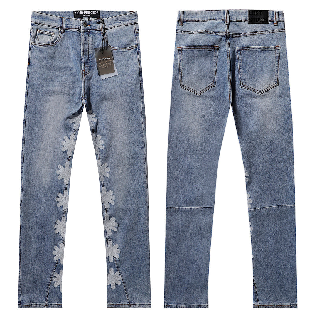 LOST SHDWS Light Wash Floral Applique Stacked Flare Jeans