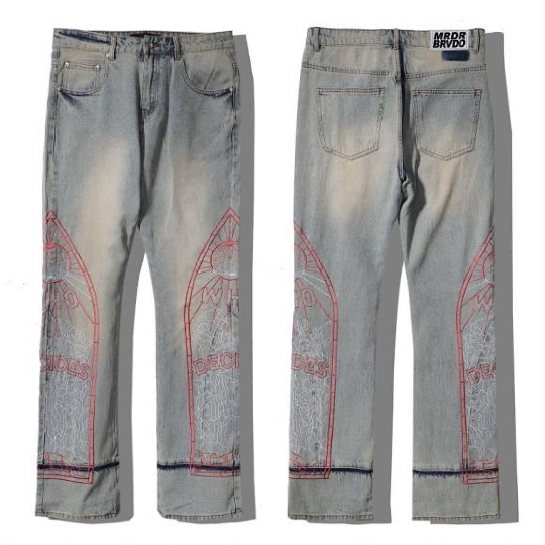 Who Decides War Red Cathedral Embroidered Vintage Stacked Flare Jeans