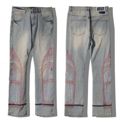 Who Decides War Red Cathedral Embroidered Vintage Stacked Flare Jeans