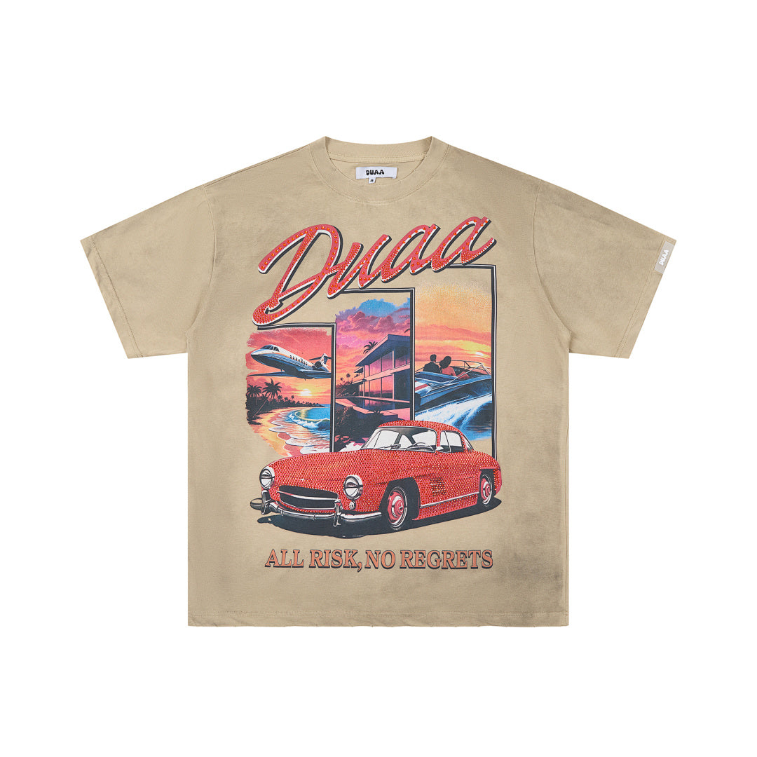 DUAA ALL RISK NO REGRETS VINTAGE CAR RHINESTONE WASHED T‑SHIRT