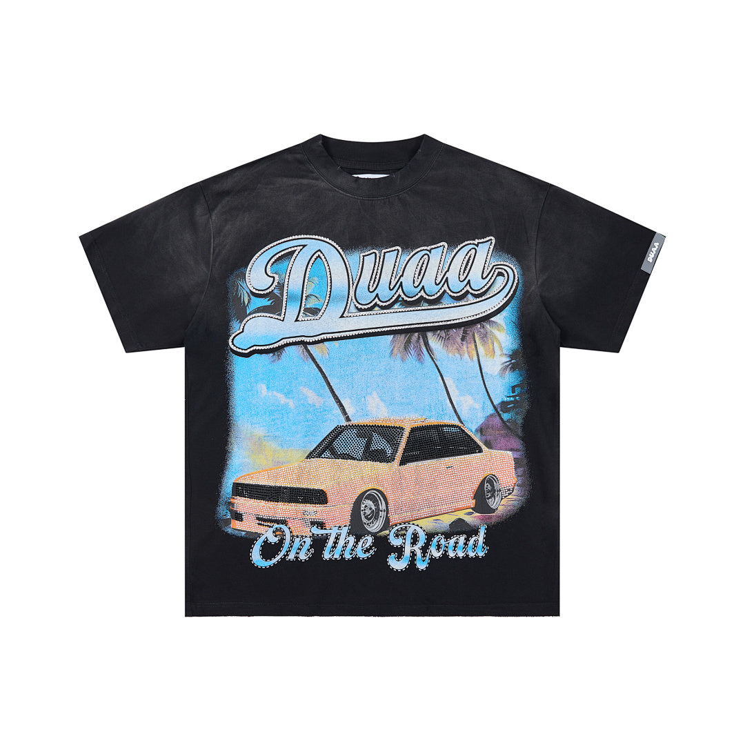 DUAA ON THE ROAD VINTAGE CAR PALM TREE RHINESTONE WASHED T‑SHIRT
