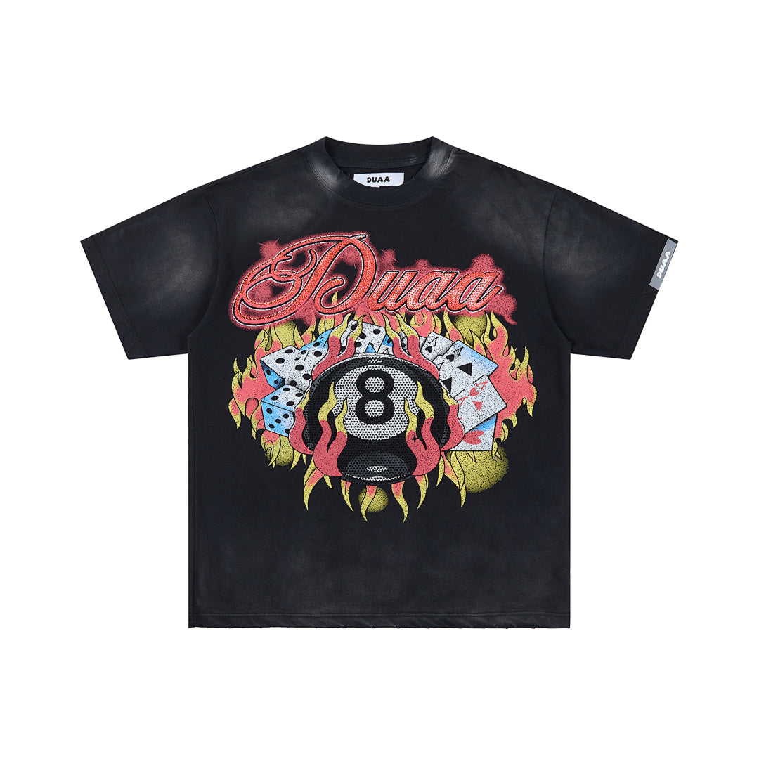 DUAA 8‑BALL DICE CARDS FLAME RHINESTONE VINTAGE WASH T‑SHIRT