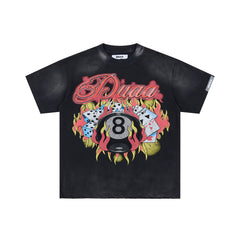 DUAA 8‑BALL DICE CARDS FLAME RHINESTONE VINTAGE WASH T‑SHIRT